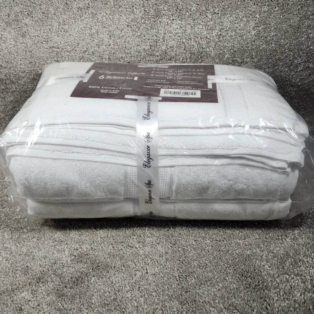 Elegance Spa 6 Pc Towel Set White 100% Cotton Soft Absorbent‎ Bathroom